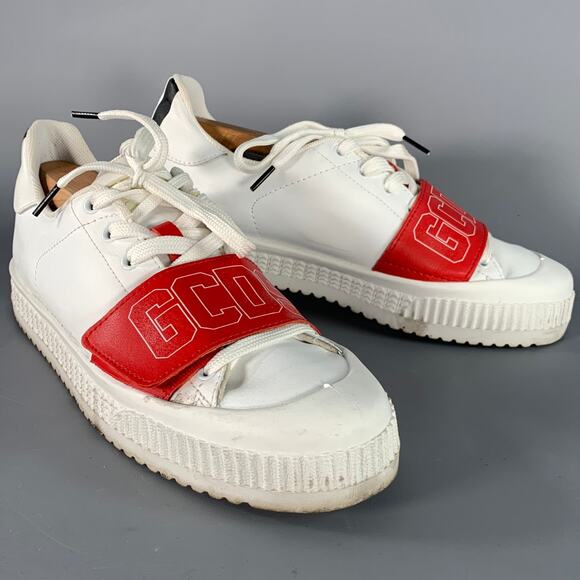 GCDS Size 9 White Red Black Leather Logo Low Top Platform Sneakers - Picture 1 of 14